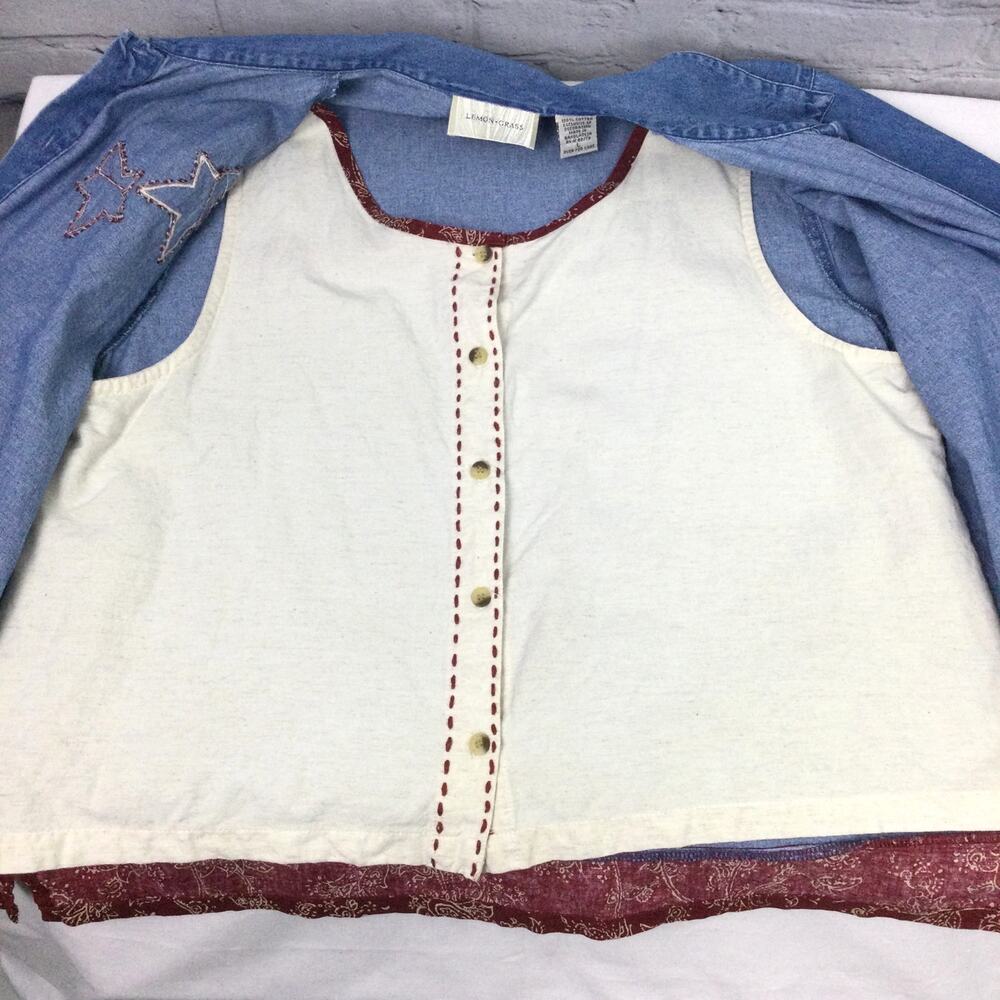 Lemon Grass VTG Chambray Farmcore Patch Short Sleeve Blue Collared Shirt Large - Picture 6 of 14